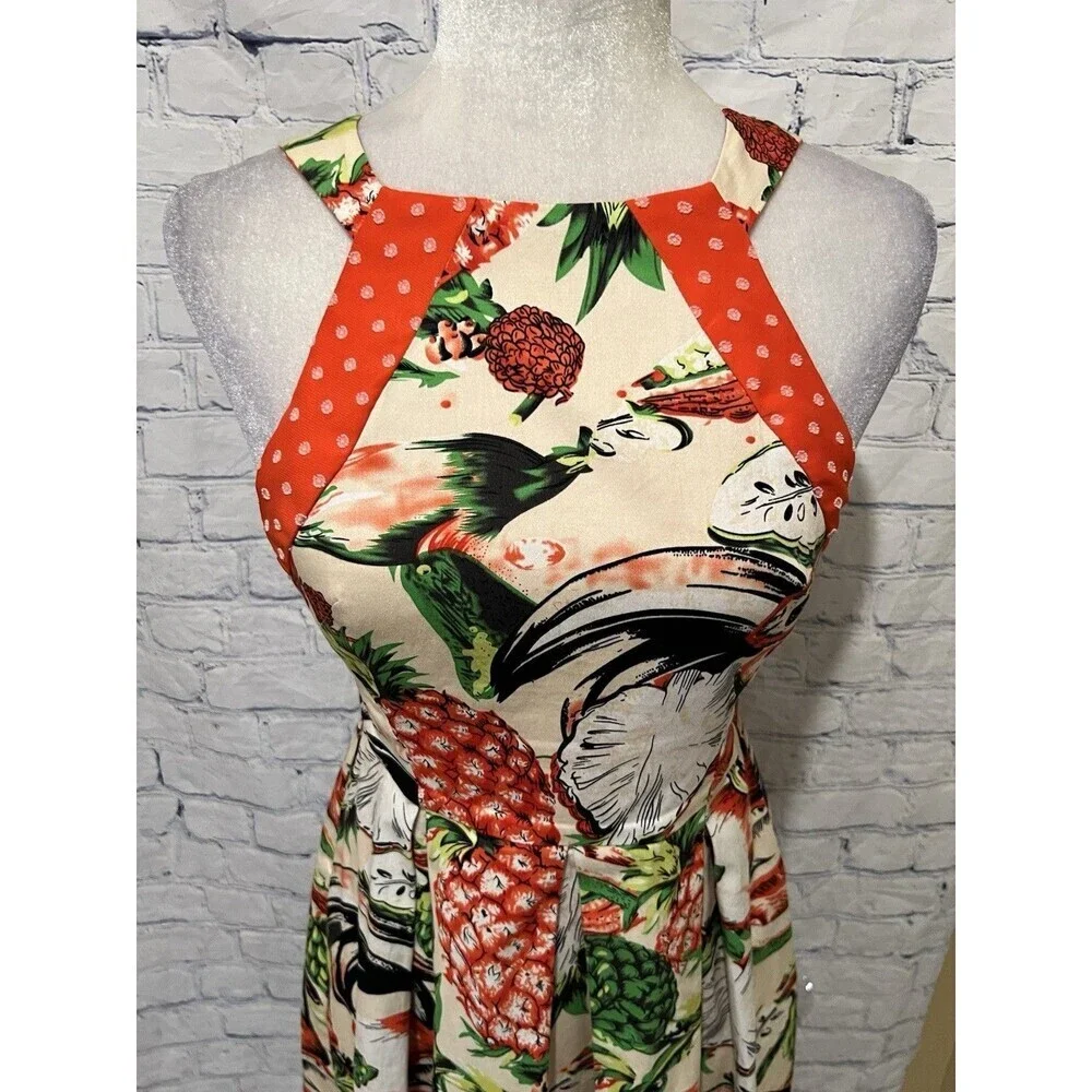Eva Franco Mandy Dress Sz. 4 Pineapple Halter Cut Out Pleated Sleeveless Lined